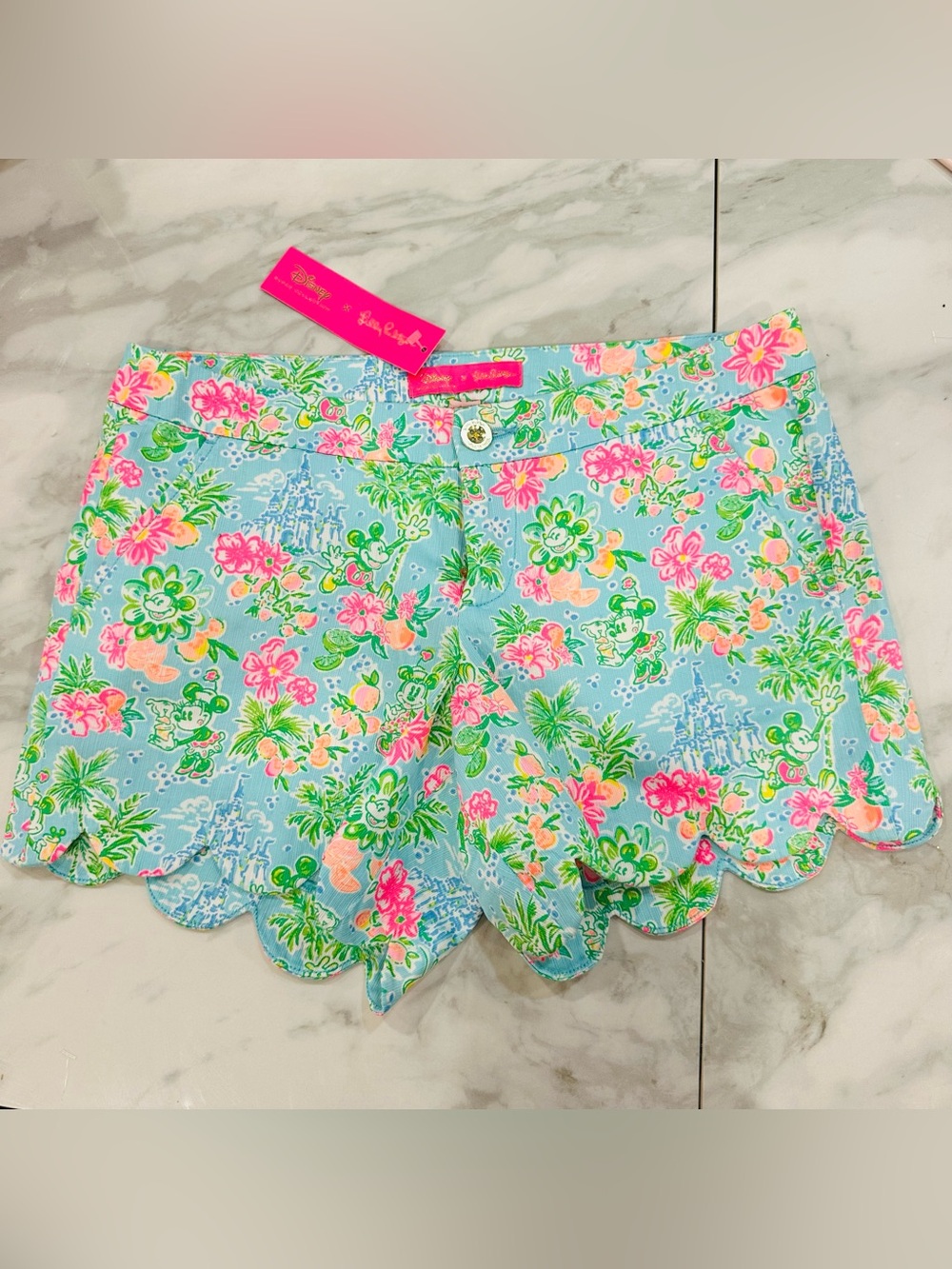Lilly Pulitzer x DISNEY Parks Blue Floral Pink Scallop Buttercup Shorts Size 6